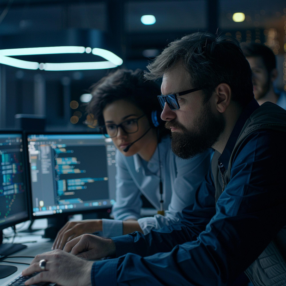Two cybersecurity professionals collaborating on a computer to monitor network security.