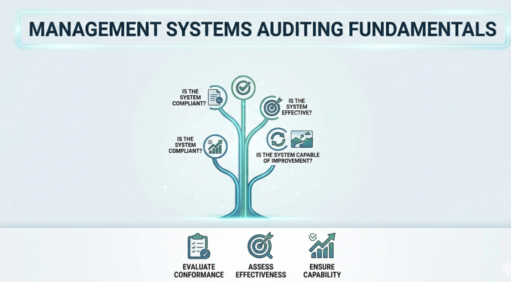 An infographic outlining the core principles of a Management Systems Auditor (CMSA), focusing on compliance, system effectiveness, and continual improvement.